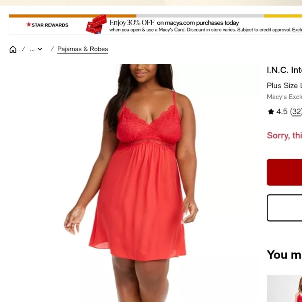 Inc International Concepts Red Lace Trim Lingerie With Robe